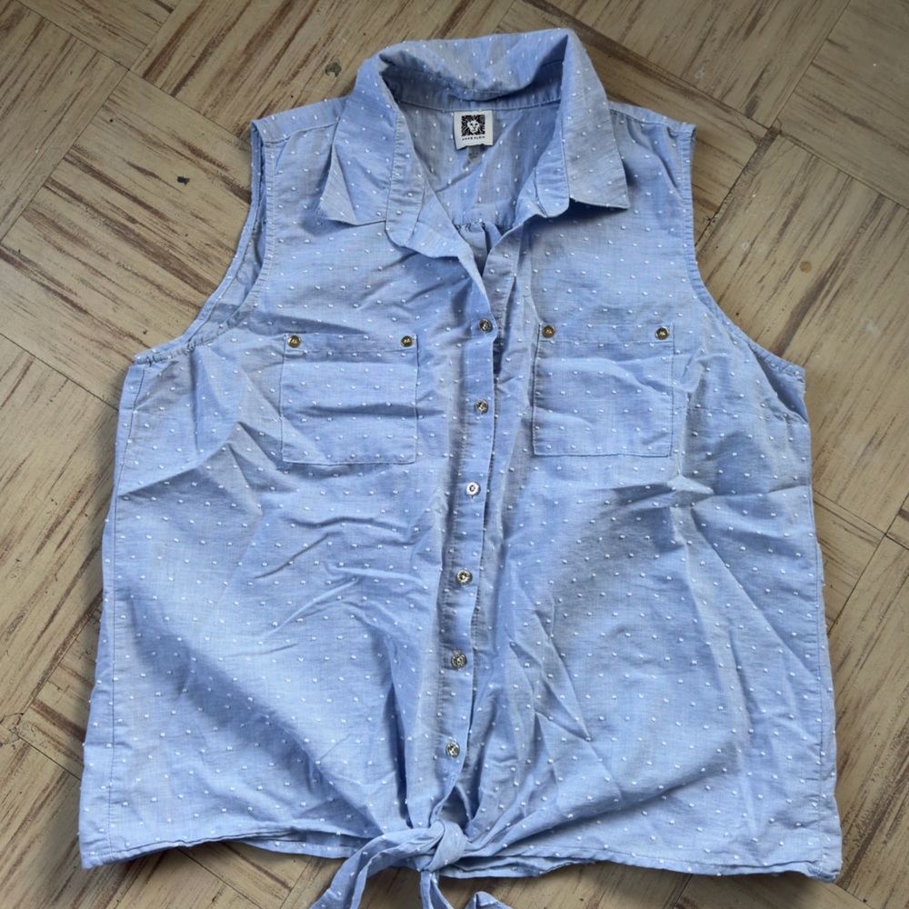 Anne Klein Light Blue Sleeveless Button-Front Top with White Swiss Dots